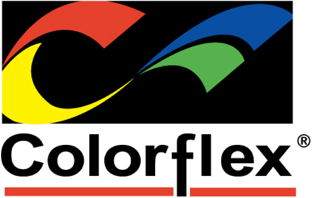 Colorflex logo. The word sits beneath a swirl of red, yellow, green, and blue on a black background. 